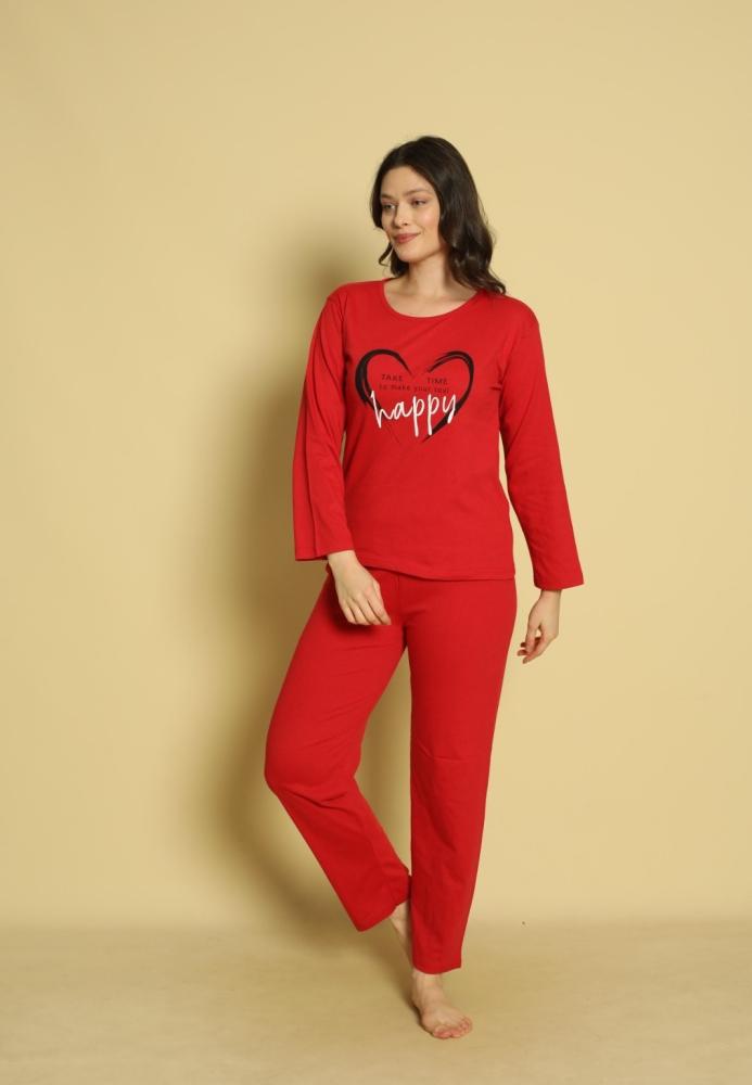 Pijama dama Serena-maneca lunga si pantalon lung, culoare rosu ,Engros